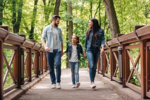 family walking on a bridge